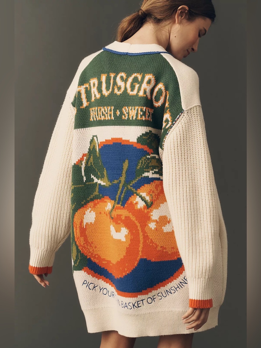 New Maeve Cotton Blend Veggie Motif Cardigan Cream Knit Sweater - Oranges Sz: S